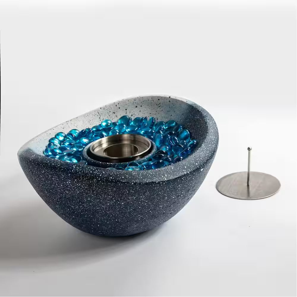11 In. Outdoor Concrete Gel or Liquid Fire Pit Mixed Color Tabletop Mini Smokeless Fire Bowl with Blue Glass Beads