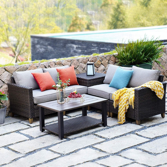 Sofa Sets Outdoor Furniture Sets 6 Pieces Conversation Set, PE Wicker Patio Furniture Sectional Sofa with Thick Olefin Cushions for Yard Garden Porch &Brown