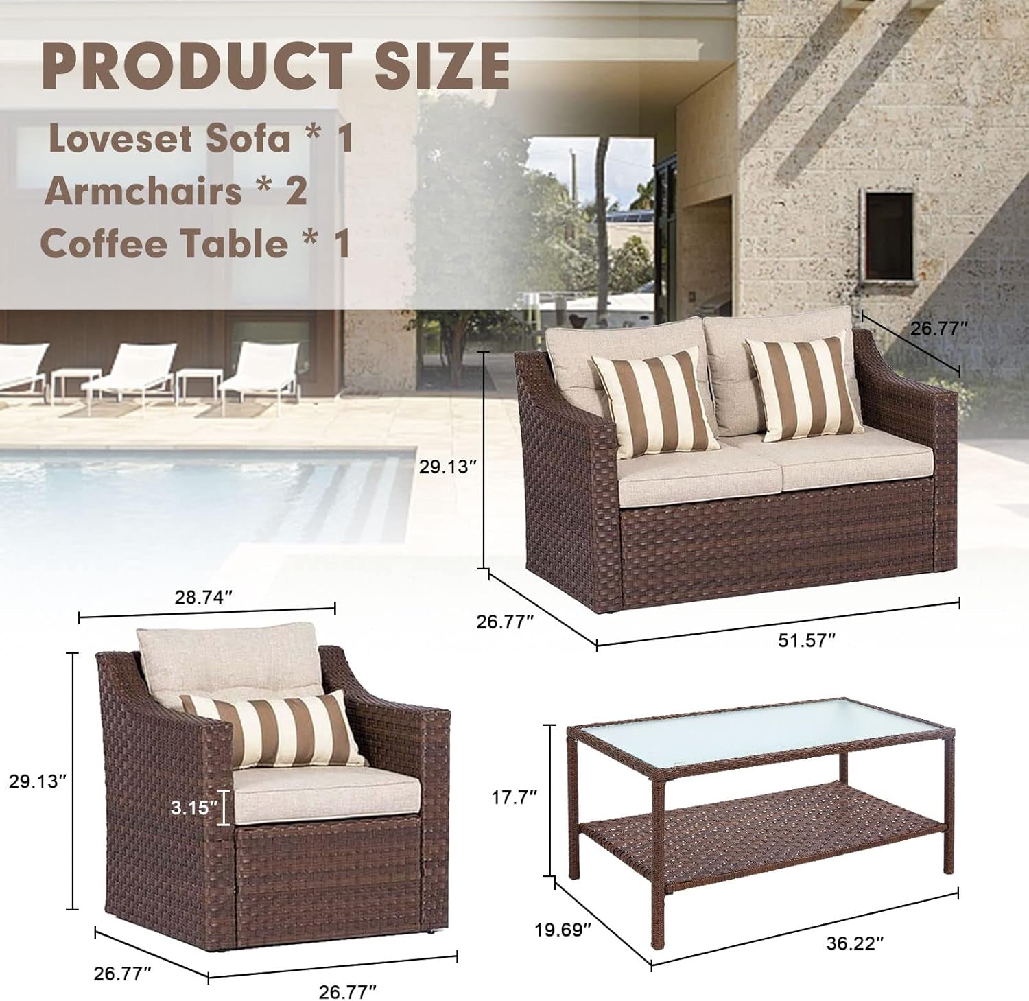 Outdoor Furniture 4-Piece Conversation Furniture Set All Weather Brown Wicker with Beige Cushions & Sophisticated Glass Coffee Table