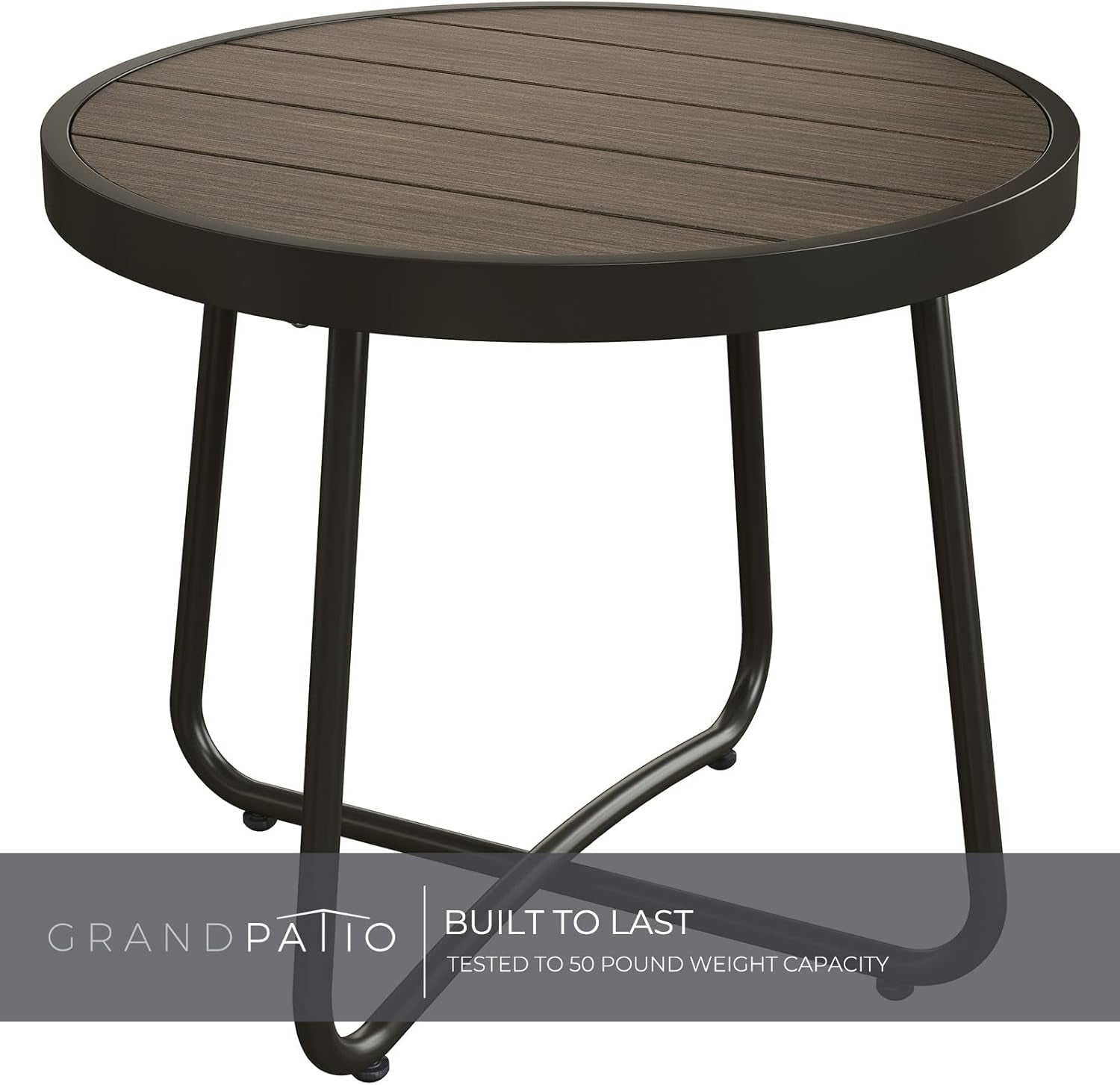 Outdoor Side Table, round End Table with Imitation Wood Tabletop, Dark Grey
