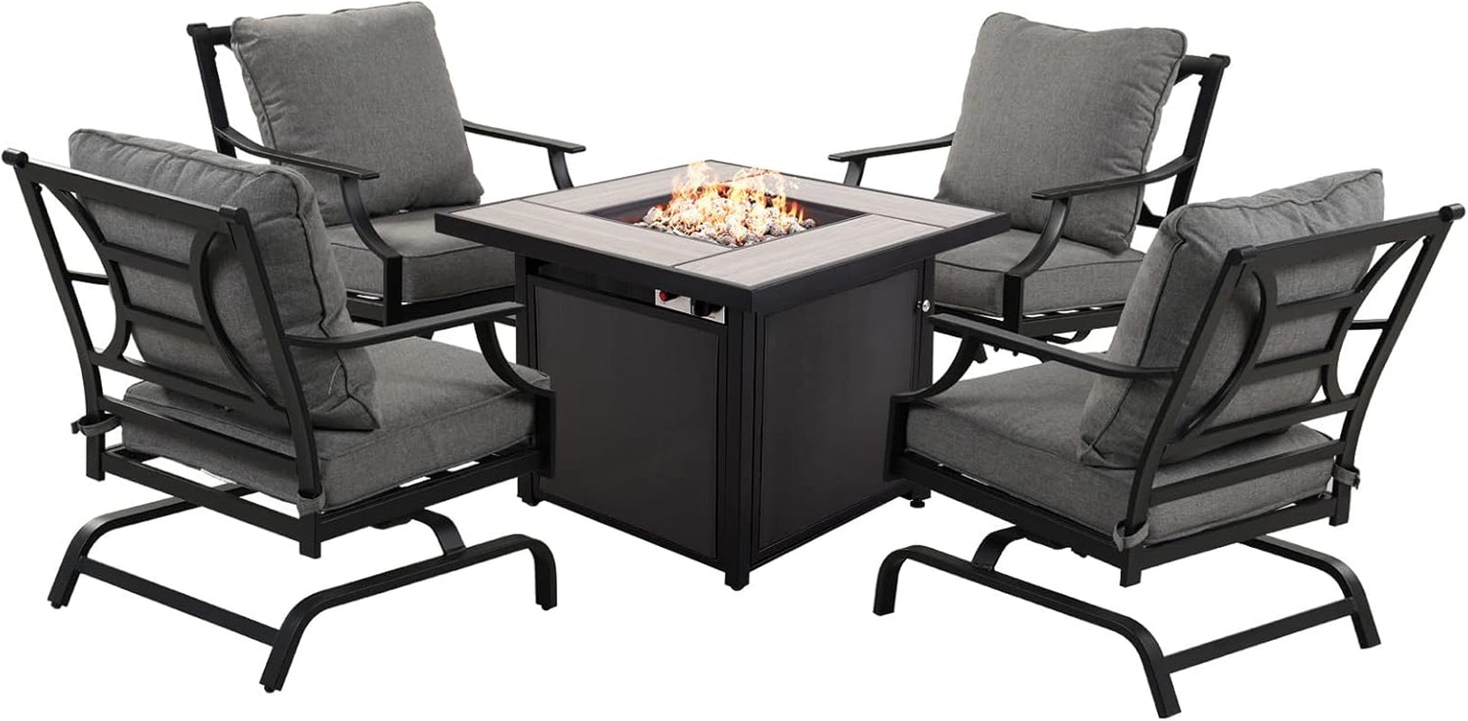 5-Piece Outdoor Furniture Conversation Sets with 32-Inch 40000 BTU Heat Propane Gas Fire Pit Table CSA Approved Ceramic Tile & Grey Olefin Cushion Rocking Chairs