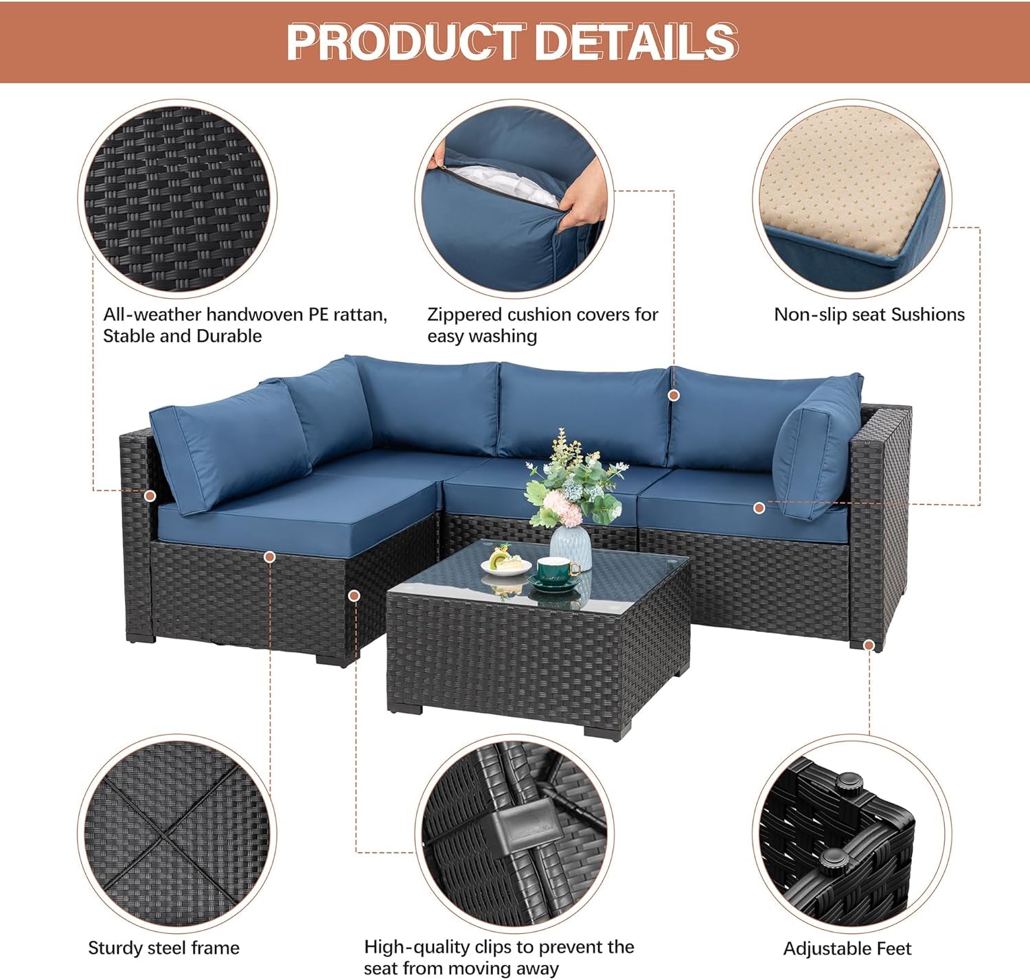 5 Pieces Outdoor Patio Furniture Set, All-Weather Rattan Patio Sectional Sofa Wicker Conversation Set with Glass Table and Cushions(Aegean Blue)