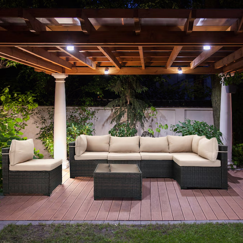 7 -Piece Rattan Patio Sofa Conversation Set with Off-White Cushions
