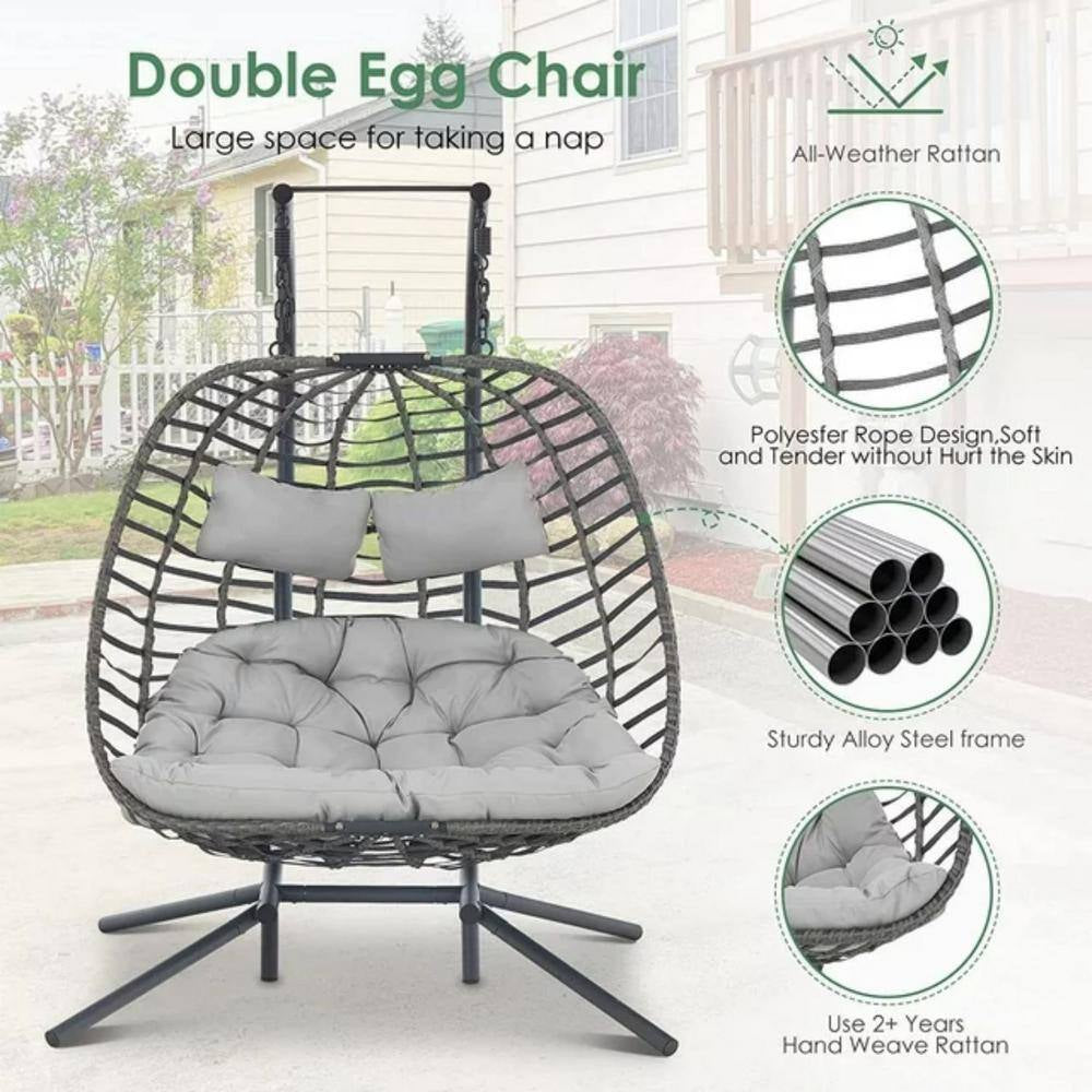 Large 2-Person 500 Lbs. Gray Wicker Double Swing Egg Chair with Black Stand and Gray Cushions