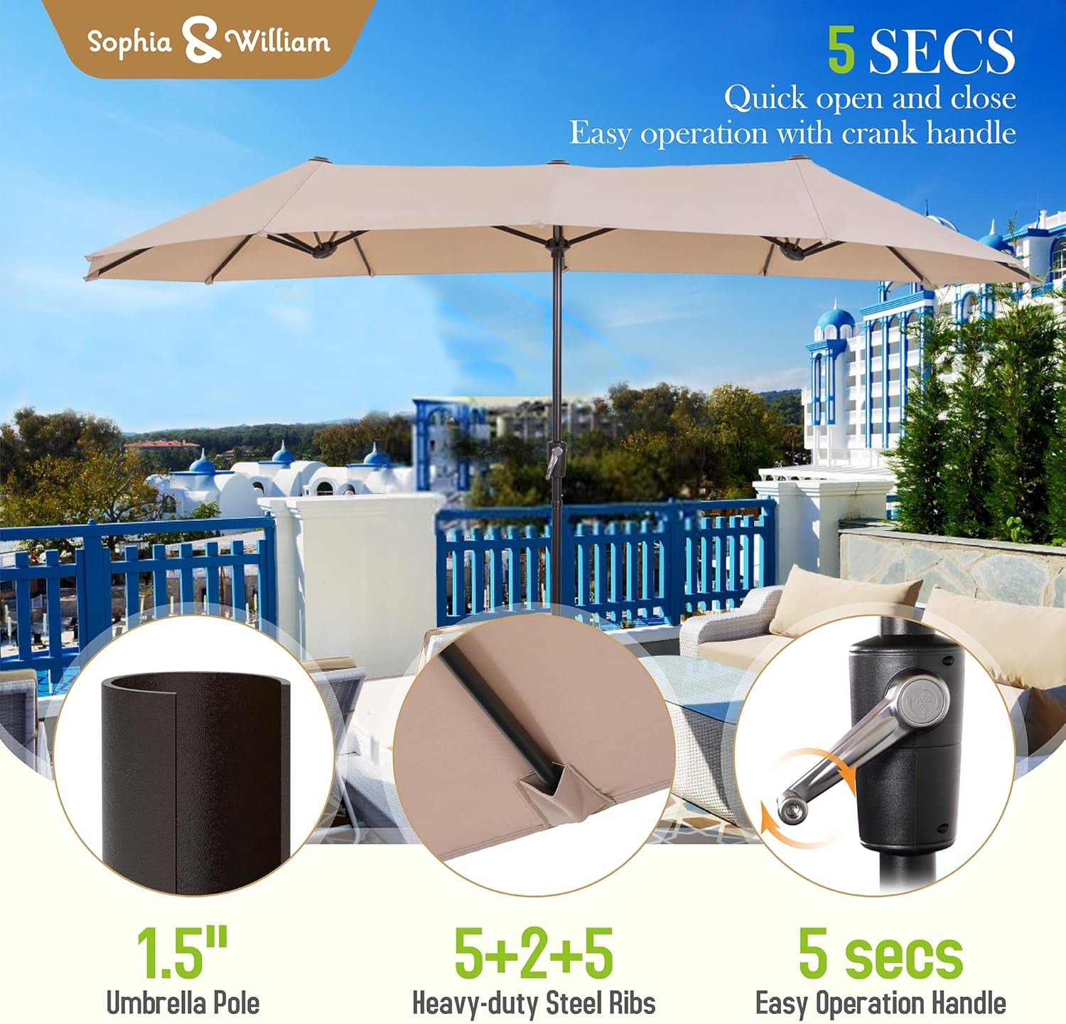 Patio Dining Set 8 Pieces Outdoor Metal Furniture Set with 13Ft Double-Sided Patio Umbrella Beige, 6 X Swivel Patio Dining Chairs, 1 Wood like Umbrella Table for Patio Garden
