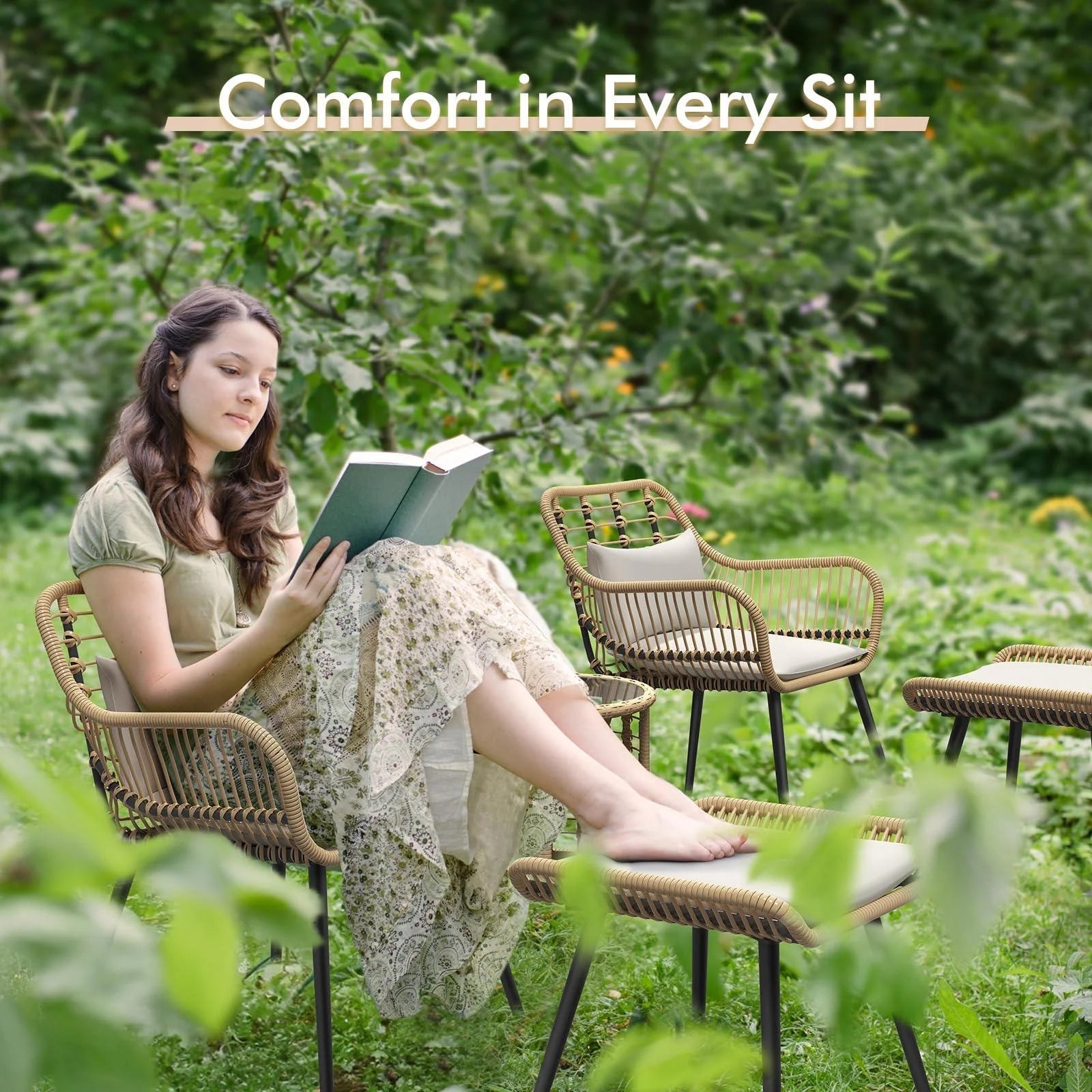 5-Piece Outdoor Wicker Furniture Set, Rattan Bistro All Weather Patio Conversation Set with Ottoman and round Coffee Side Table