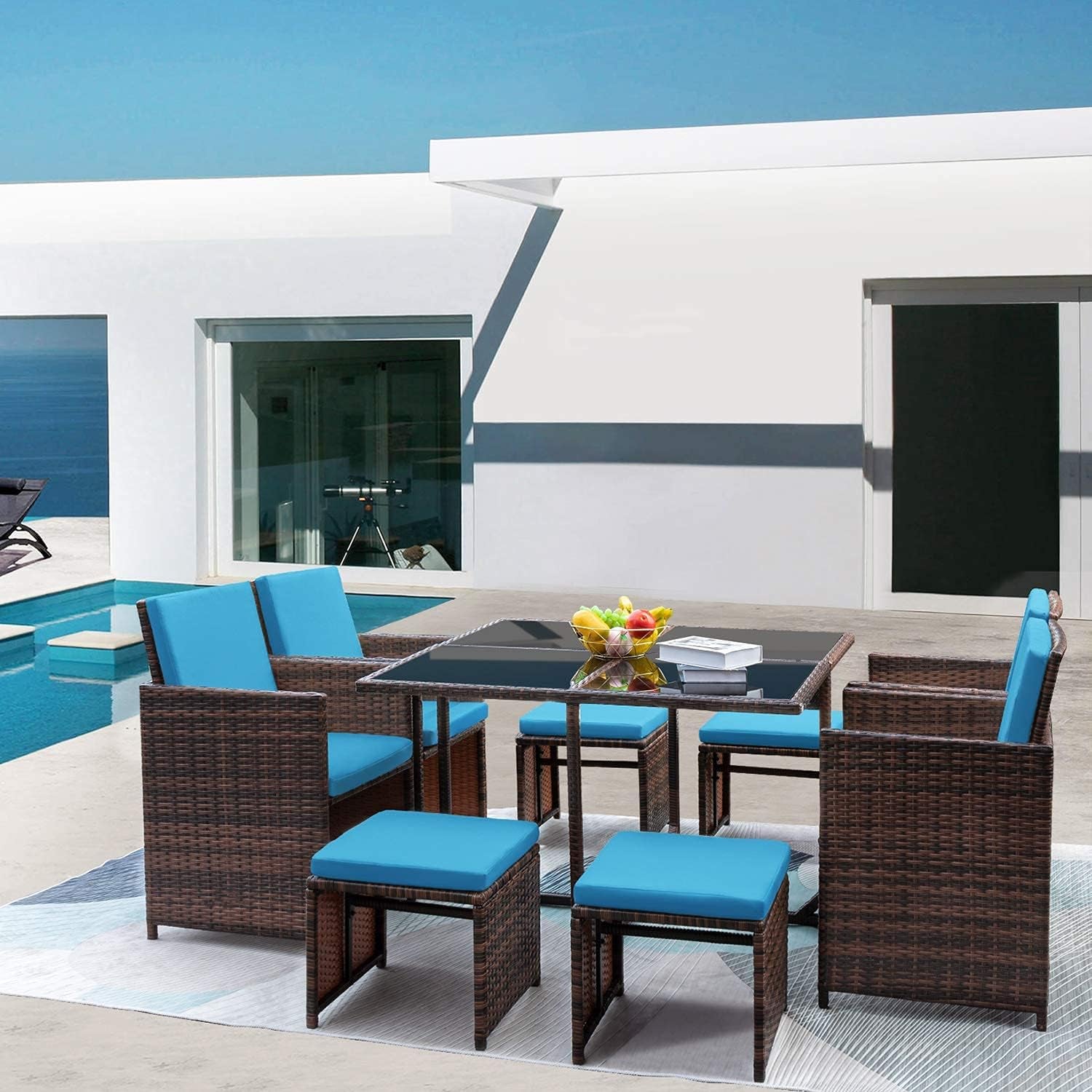 9 Pieces Patio Dining Outdoor Table and Chairs Table Set with Space Saving Rattan Chairs Patio Furniture Sets Cushioned Seating and Back (Blue)