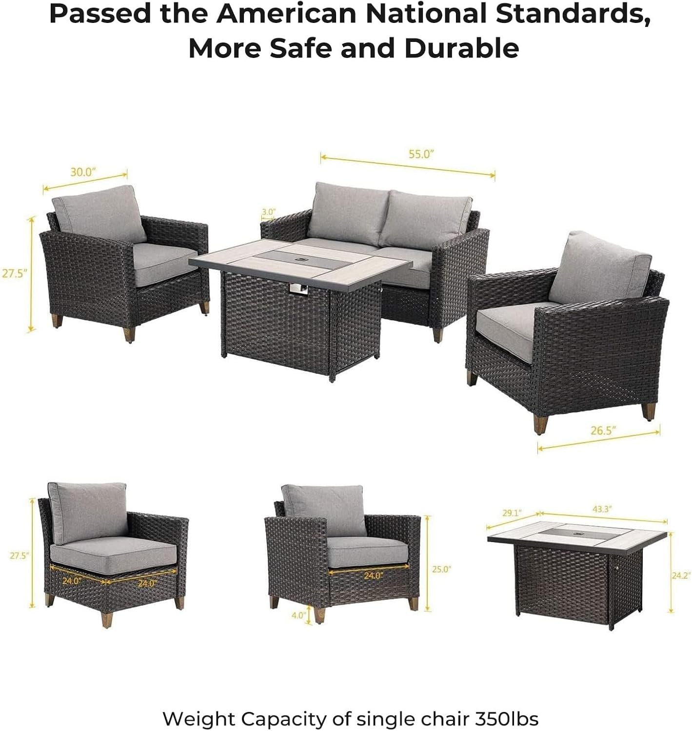 Sofa Sets 5PCS, Patio Furniture with Fire Pit Table, Luxury Wicker, Brown