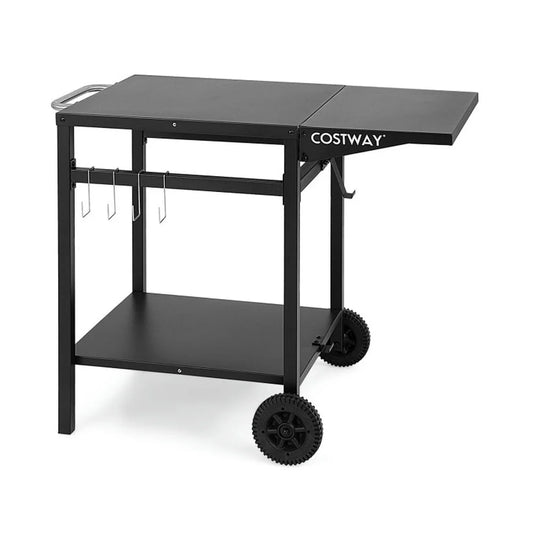 Outdoor Patio Barbecue Cooker, Outdoor Grills,Movable Outdoor Grill Cart with Folding Tabletop and Hooks-Black