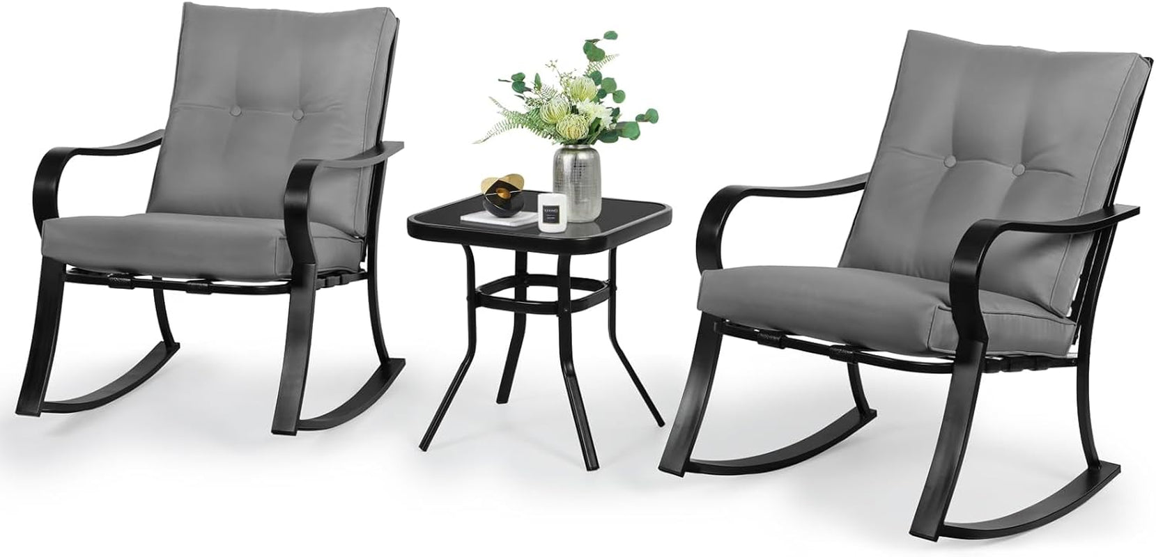 3-Piece Outdoor Rocking Chairs Bistro Set, Black Iron Patio Furniture with Gray Thickened Cushion & Glass-Top Coffee Table