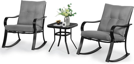3-Piece Outdoor Rocking Chairs Bistro Set, Black Iron Patio Furniture with Gray Thickened Cushion & Glass-Top Coffee Table