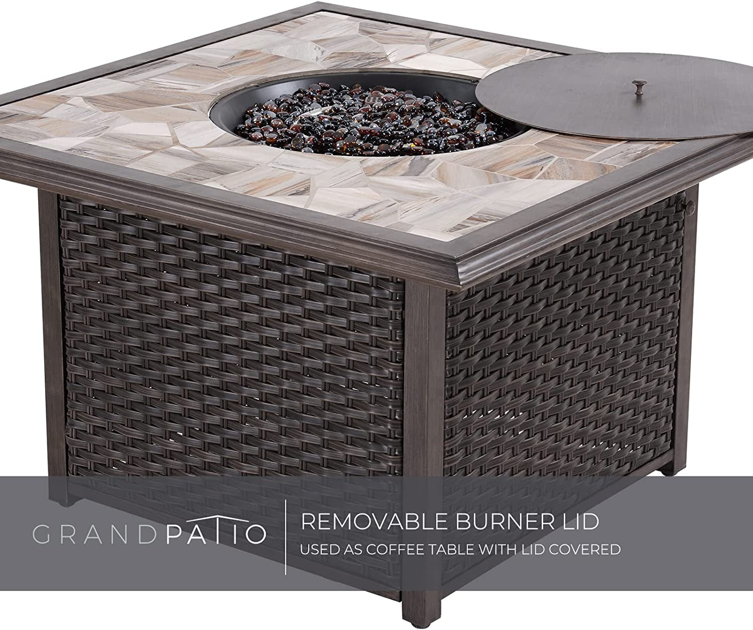 Outdoor 41 Inch Square Propane Gas Fire Pit Table Wicker Base, Marble-Texture Ceramic Tile Top, 50,000 BTU Heat Output
