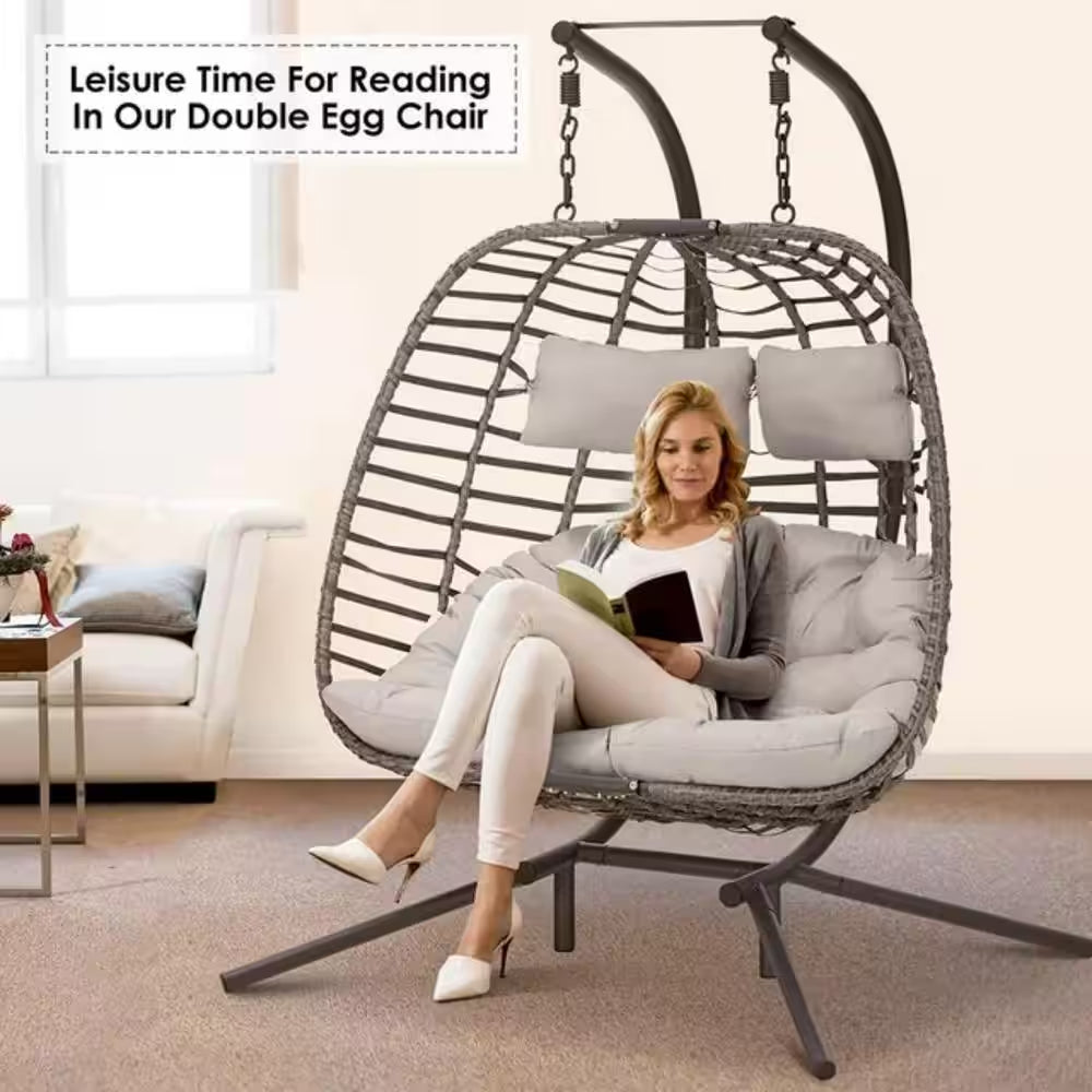 Large 2-Person 500 Lbs. Gray Wicker Double Swing Egg Chair with Black Stand and Gray Cushions