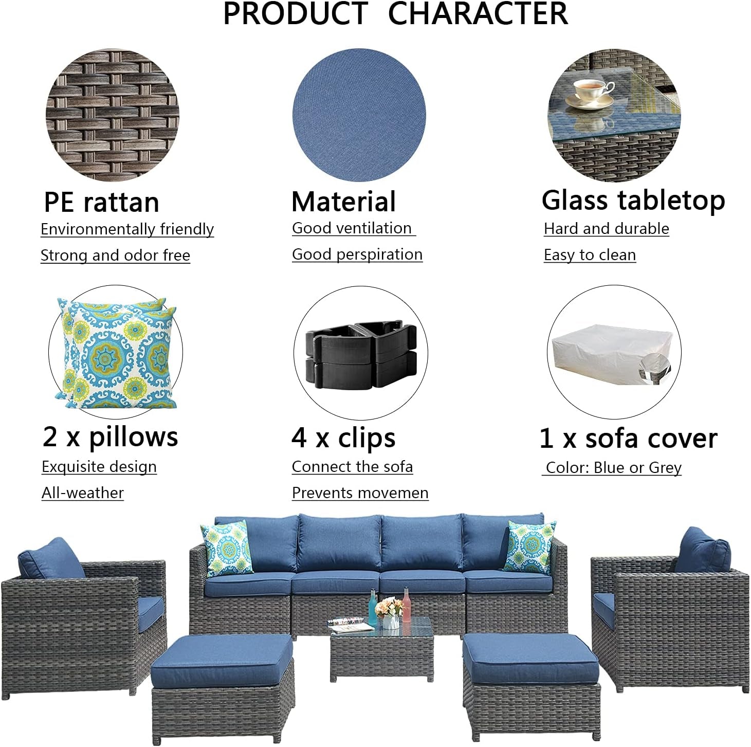 Patio Furniture Set, No Assembly 9 PCS Big Size Outdoor Sectional Sofa All Weather PE Rattan Wicker Outdoor Furniture with 2 Pillows,Grey Wicker Denim Blue