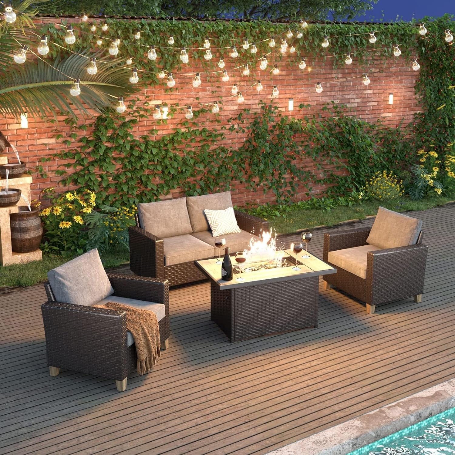 Sofa Sets 5PCS, Patio Furniture with Fire Pit Table, Luxury Wicker, Brown