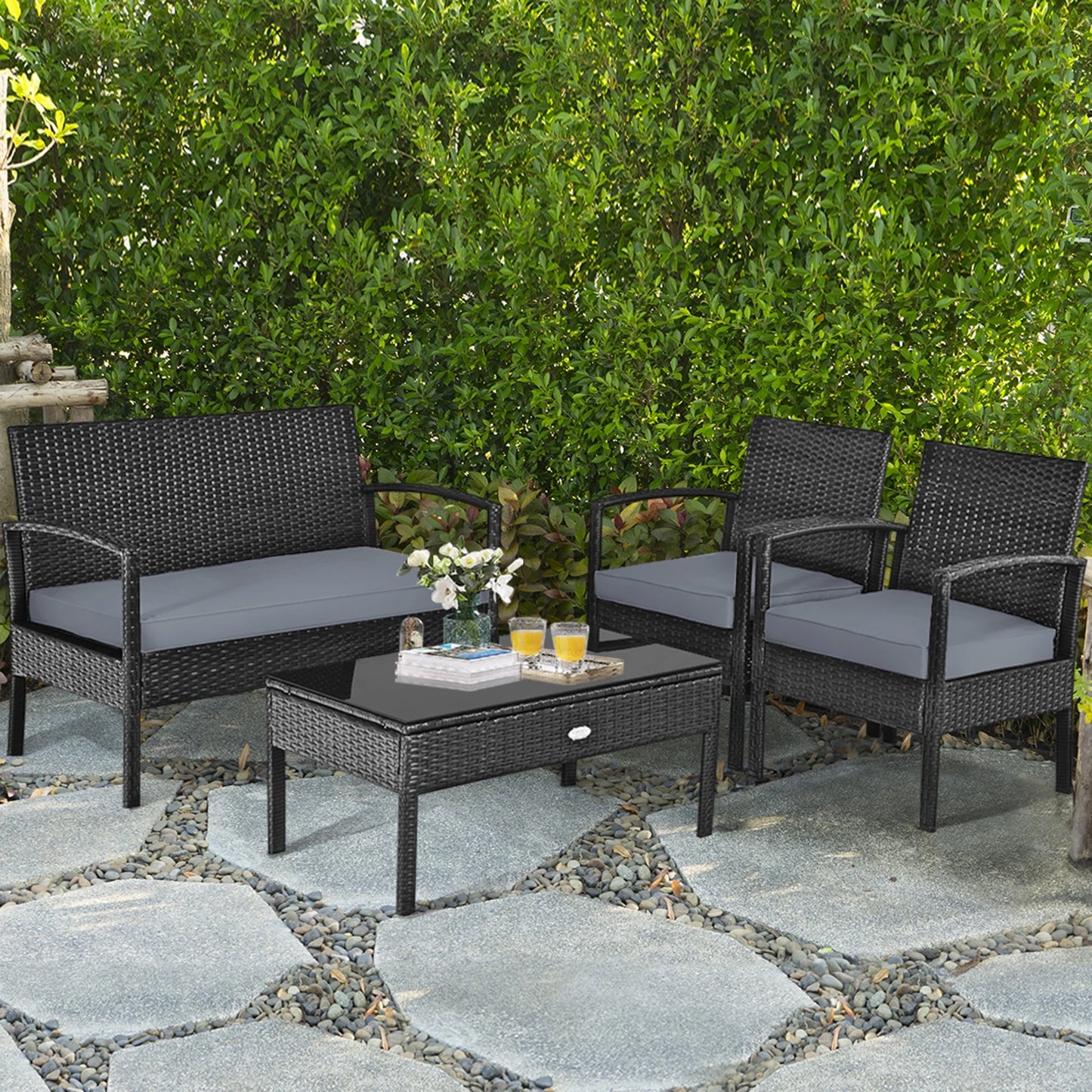Patio Garden 4PC Rattan Wicker Furniture Set Black