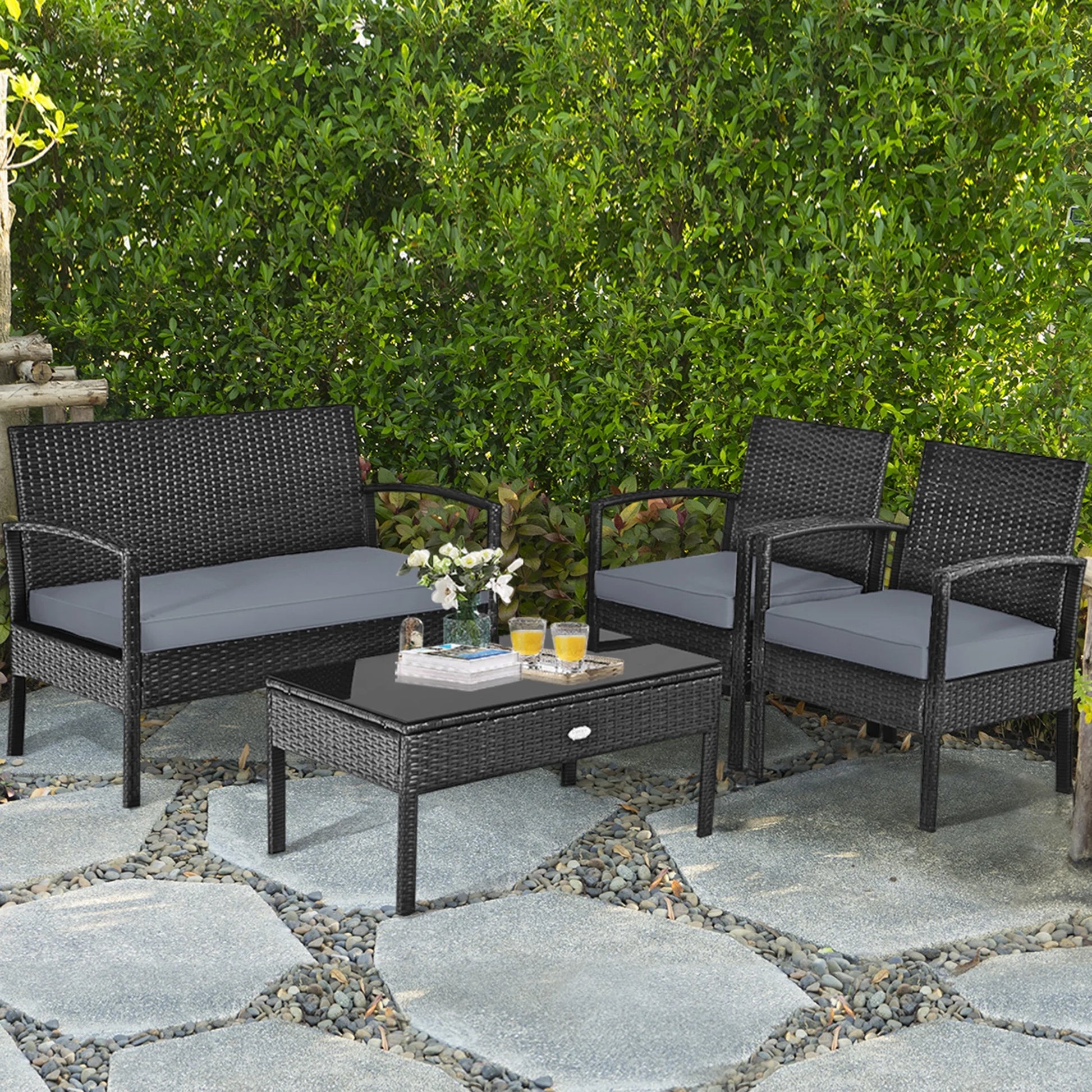 Patio Garden 4PC Rattan Wicker Furniture Set Black