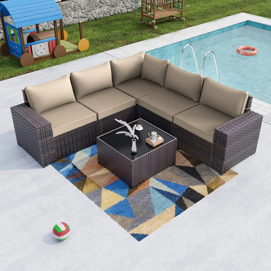 Outdoor Patio Furniture Set 6 Piece Sectional Rattan Wicker Sofa Set Patio Conversation Set,Sand