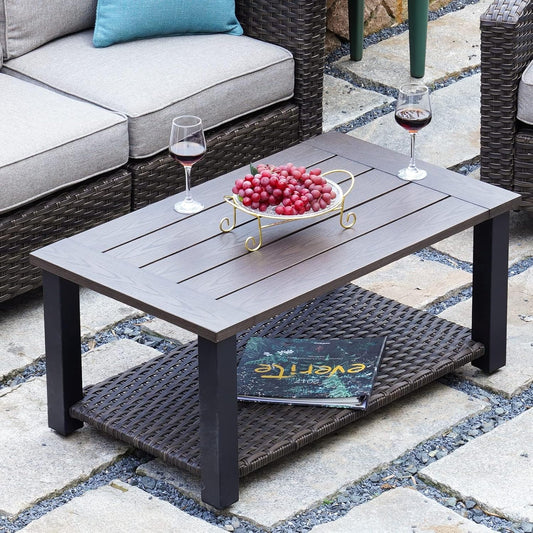 Outdoor Coffee Table with Wicker Shelf Storage, 40-Inch Rectangle Modern Patio Coffee Table with Faux Wood Tabletop, Fits with Outdoor Conversation Set