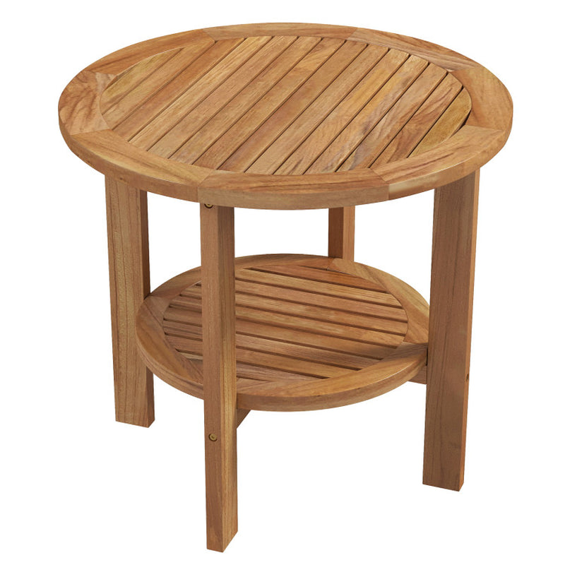 Outdoor Teak Wood round Side Table Patio End Table with Slatted Storage Shelf