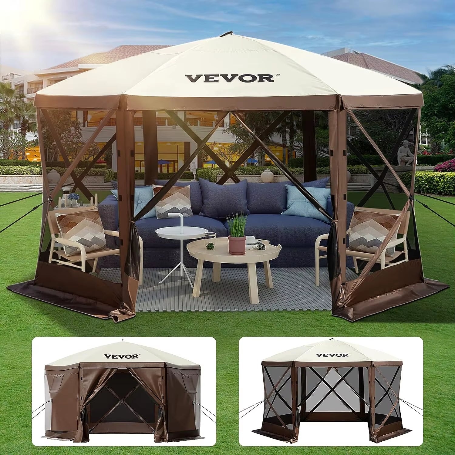 Gazebo Screen Tent 6 Sided Pop-Up Camping Canopy Shelter Portable Outdoor Large Shade Tents for Lawn and Backyard Camping