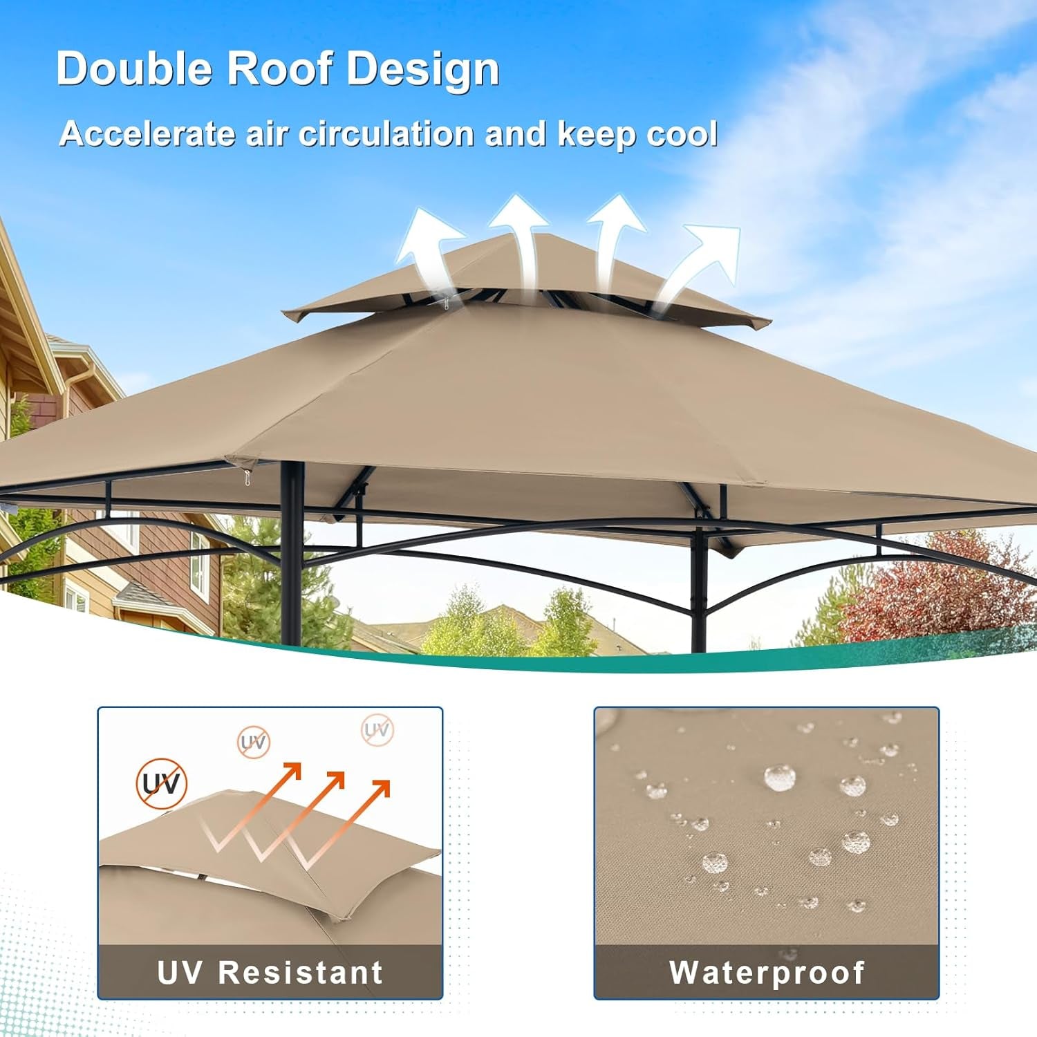 Grill Gazebo 8’X 5’ Outdoor Patio Backyard BBQ Grill Shelter Double Tiered Soft Canopy Top with Steel Frame and Bar Counters, Beige