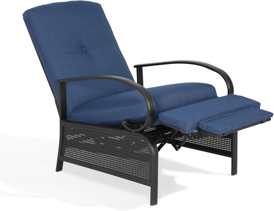 Adjustable Outdoor Reclining Lounge Chair Patio Recliner Chair with Strong Extendable Metal Frame and Removable Cushions for Outdoor Reading or Relaxation (Navy)