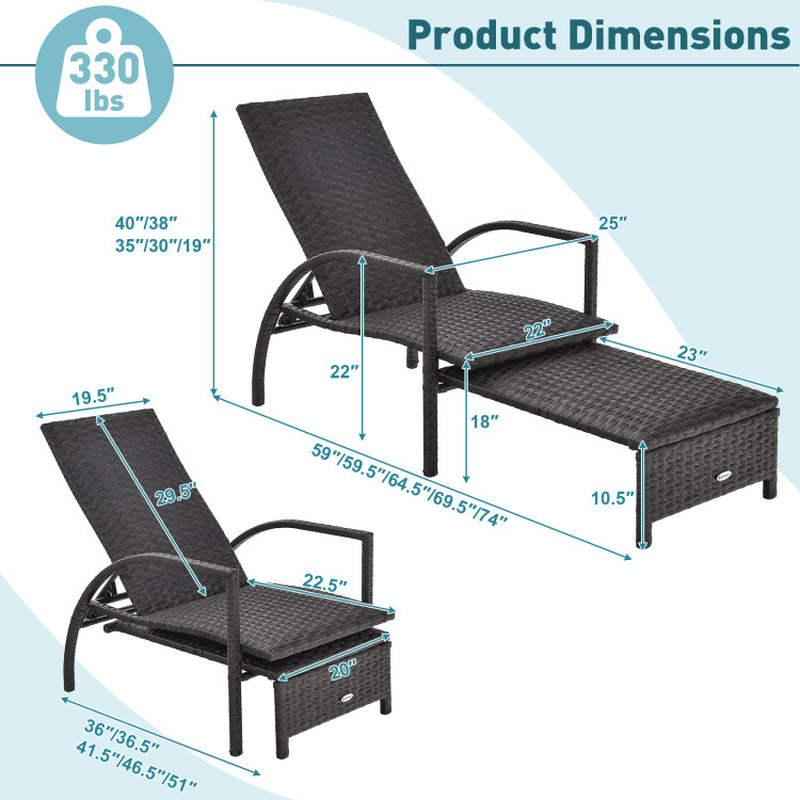 Patio Chaise Lounge Rattan Lounge Chair with Retractable Ottoman