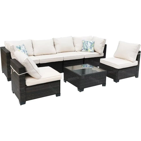 7 Piece Outdoor Patio Furniture Set, Seating Set with Rattan Table, Waterproof Cushions Included, Patio Sectional Furniture Set