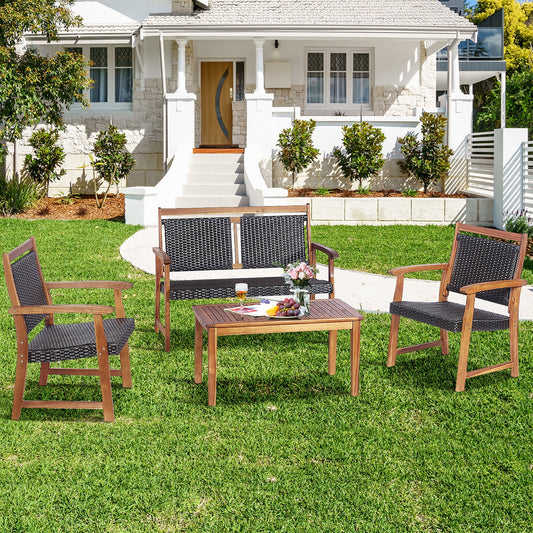 4 PCS Patio Rattan Furniture Set Acacia Wood Frame Sofa Loveseat Garden