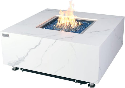 Bianco Marble Fire Pit 39.4" X 39.4" Outdoor Patio Firepit Includes Fire Glass Modern Fire Pits & Outdoor Fireplaces for Garden, Deck, Indoor & Outdoor Heating