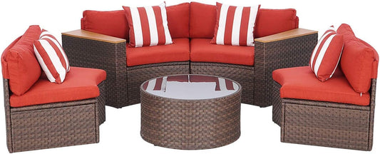5-Piece Patio Sectional Furniture Set Half-Moon Patio Set Brown Wicker Curved Outdoor Sofa with Red Cushions & round Glass Coffee Table (Pillow Included)