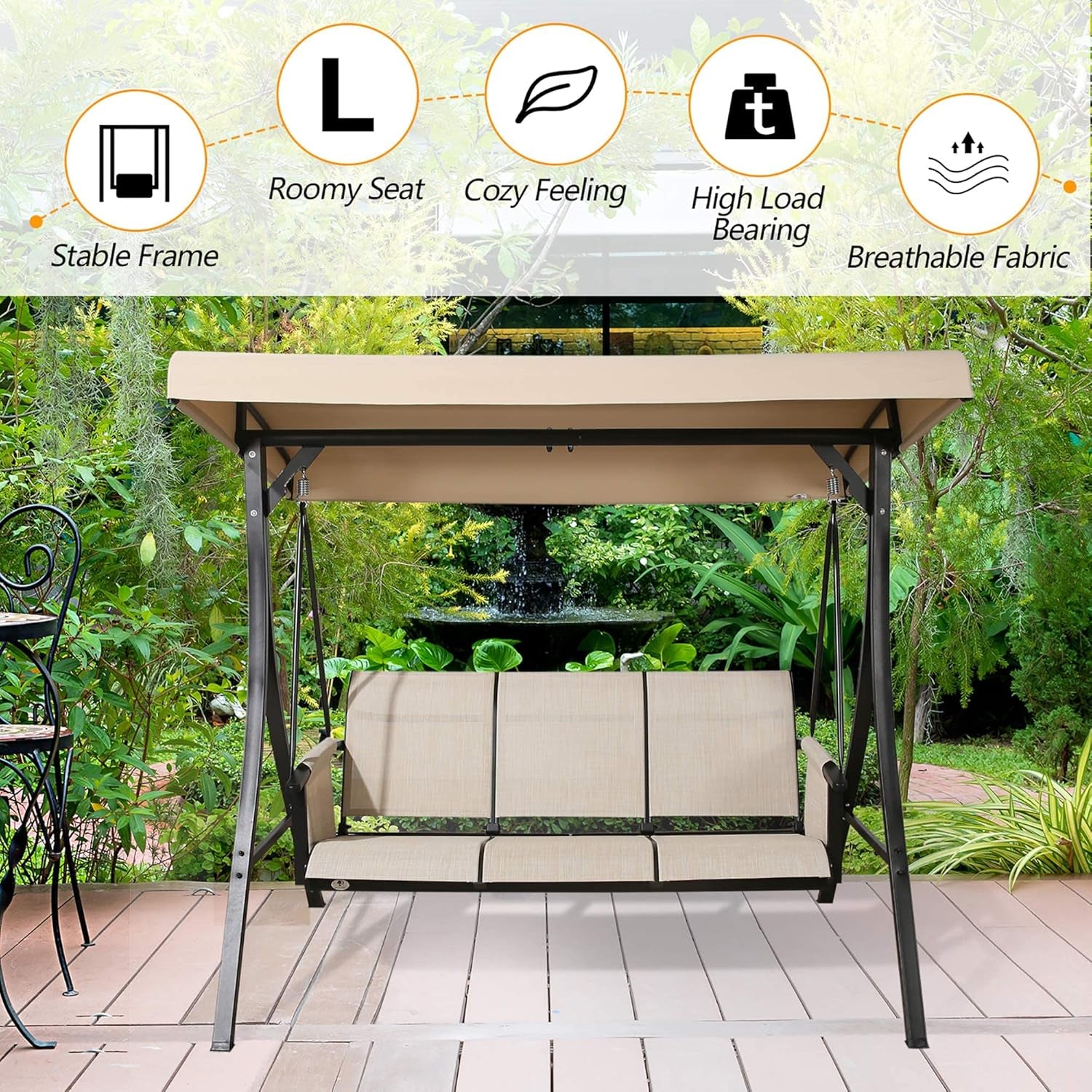 3-Seater Outdoor Porch Swing Patio Hammock Swing Glider Bench with Adjustable Canopy(Tan)