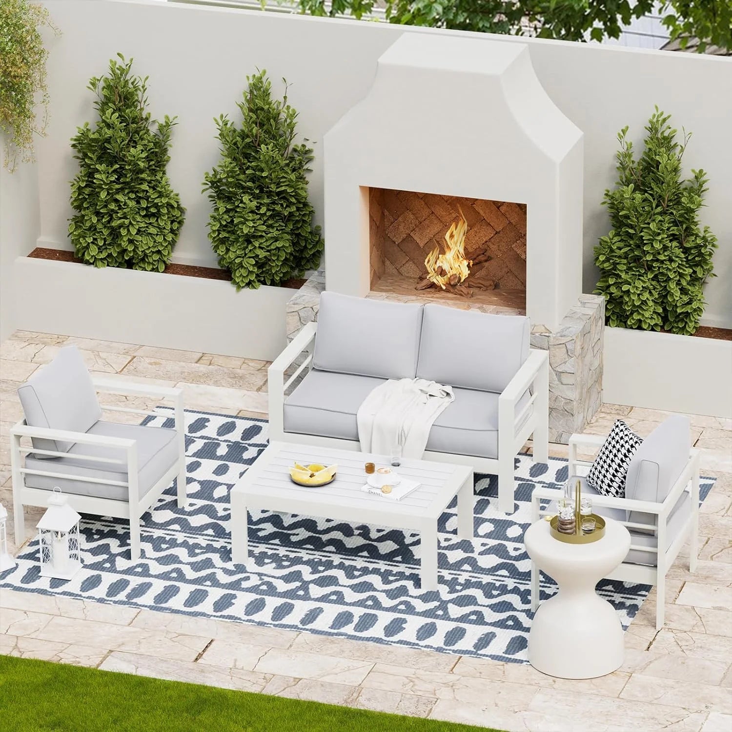 Aluminum Patio Furniture,Outdoor Metal Sectional Sofa with Table and Waterproof Covers,White Modern Patio Furniture Set for Garden Backyard (5-Piece)