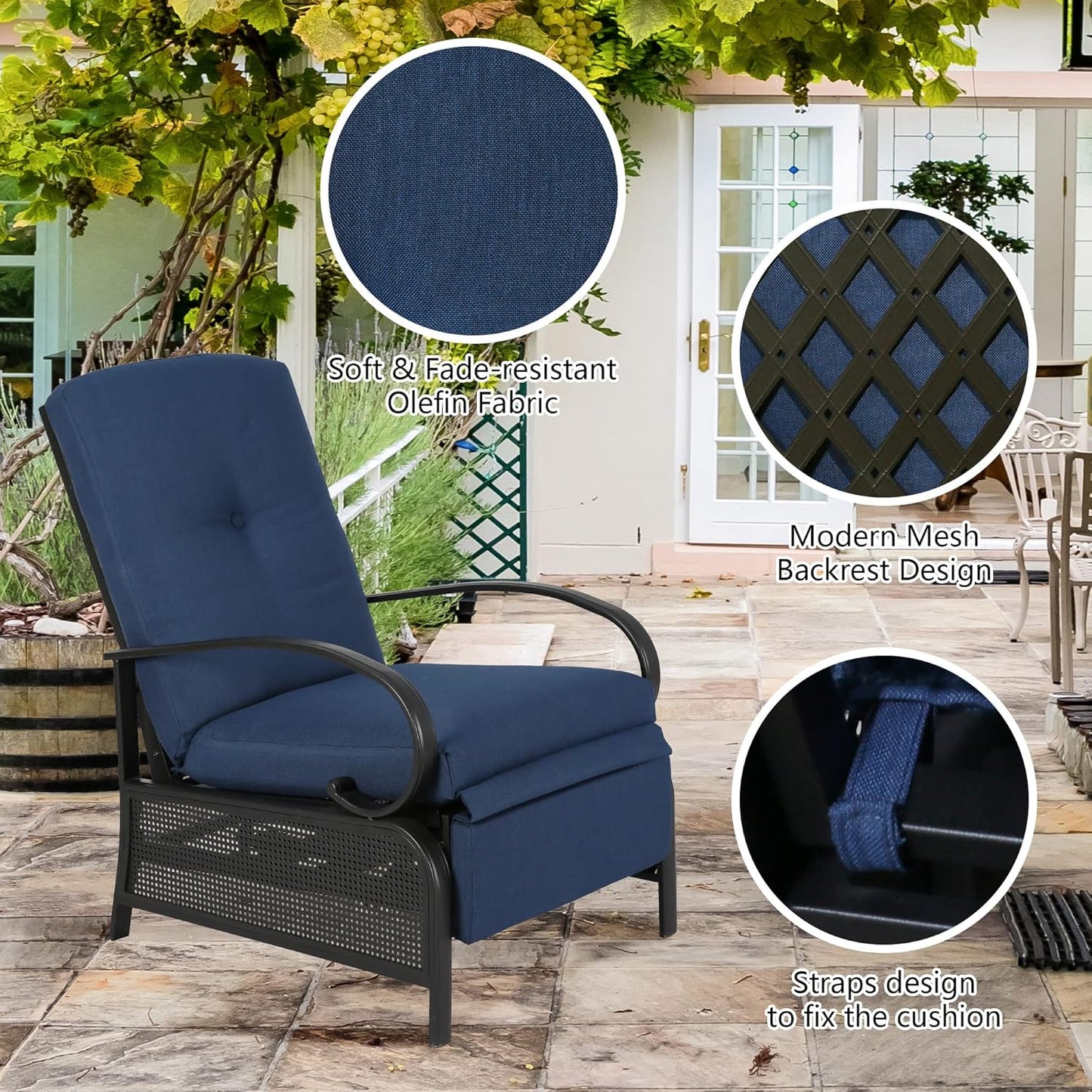 Adjustable Outdoor Reclining Lounge Chair Patio Recliner Chair with Strong Extendable Metal Frame and Removable Cushions for Outdoor Reading or Relaxation (Navy)