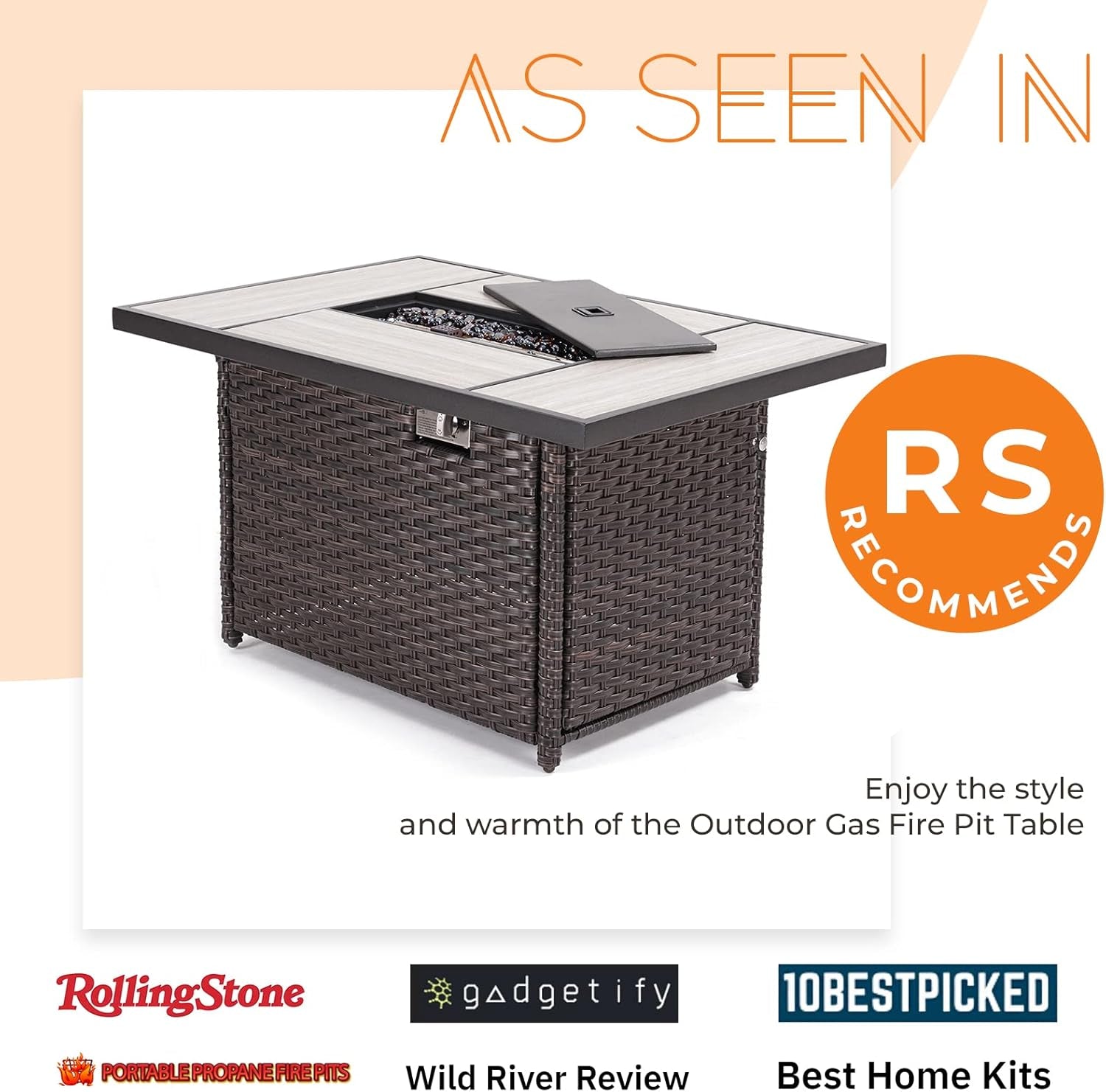 Outdoor 43-Inch CSA Safety Approved Gas Fire Pit Table 50000 BTU Rectangle Propane Fire Pit with Ceramic Tile Top and Wicker Base