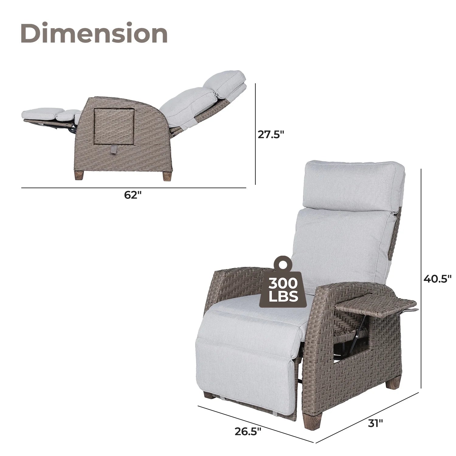 Indoor & Outdoor PE Wicker Patio Lounge Recliner with Flip Table, Mist Gray