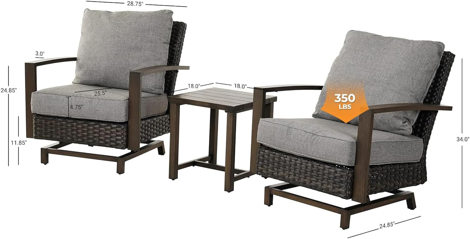 Outdoor 3-Piece Aluminum Conversation Furniture Sofa Set Wicker Stationary Rockers with Wood Grain Finish and Coffee Table, Removable Olefin Cushion Dark Brown