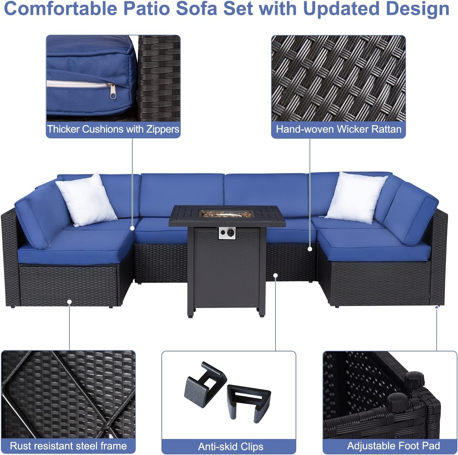 Outdoor Conversation Sets with Fire Pit Table Patio Furnitures Propane Fire Pit Seating,Dark Blue