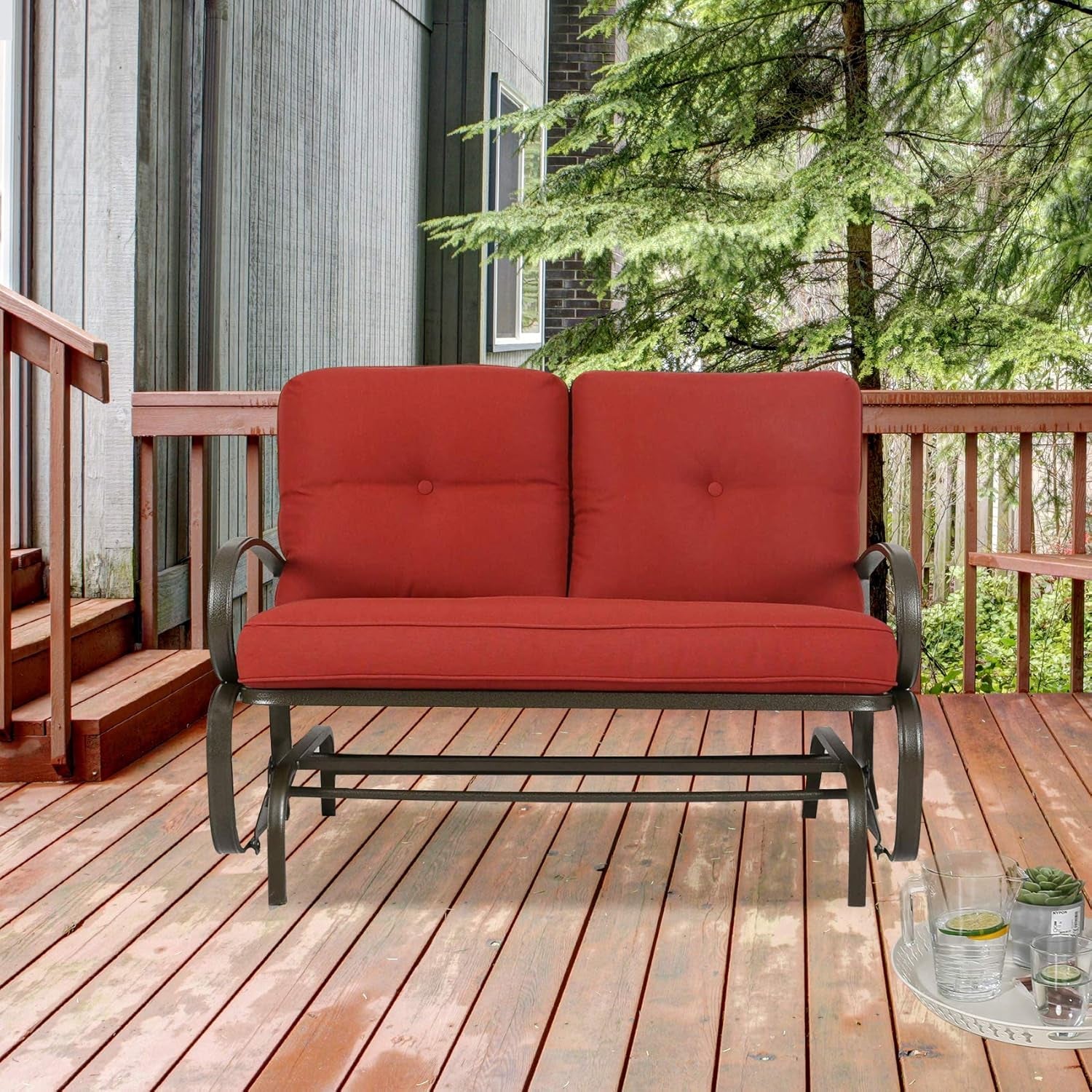 Swing Glider Bench Outdoor Cushioed 2 Person Rocking Chair Garden Loveseat, Brick Red