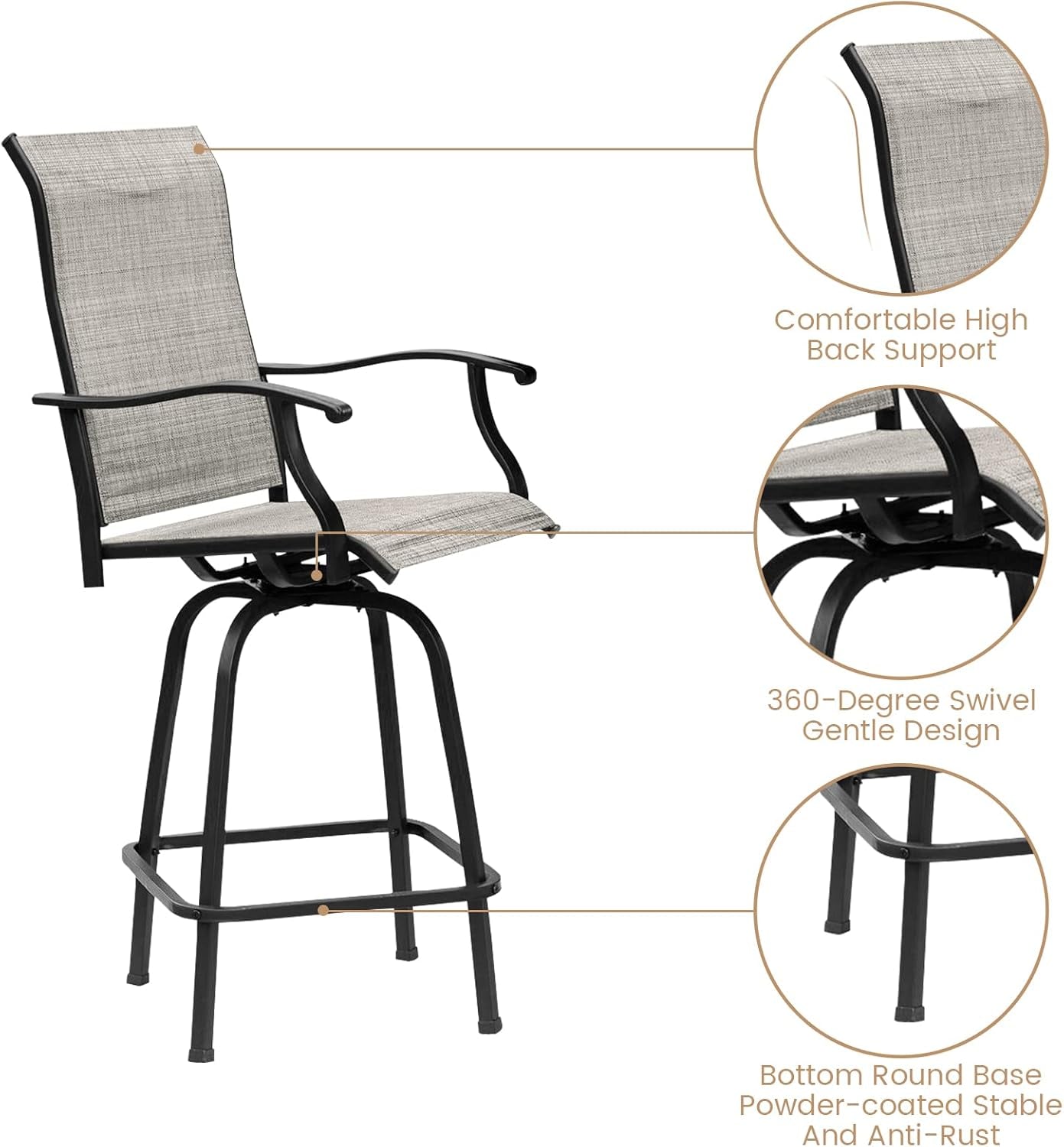 Set of 4 Outdoor Patio Swivel Bar Stools, High Bistro Stools Height Patio Chairs, All Weather Patio Bar Set Garden Furniture Bar Dining Chair, Gray