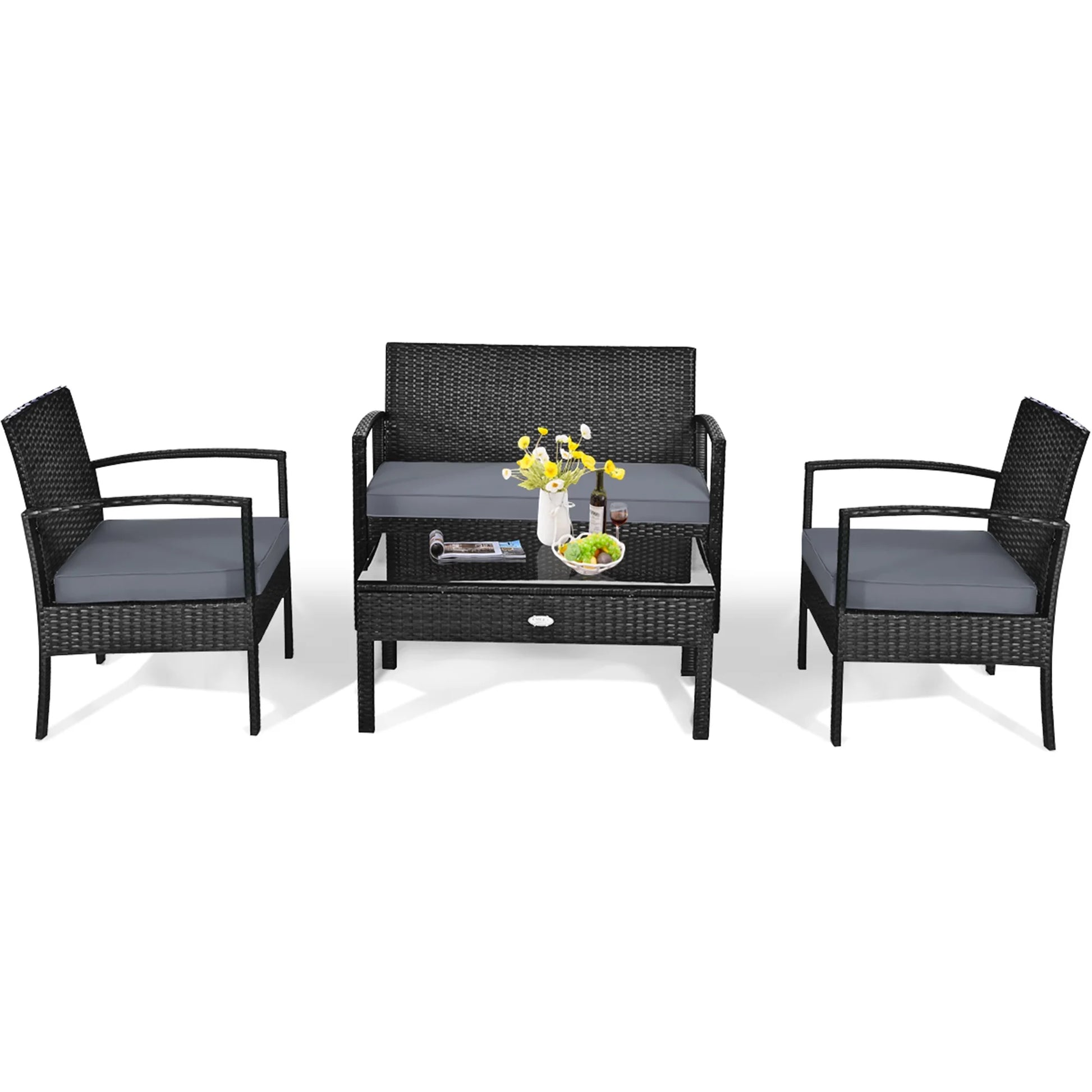 Patio Garden 4PC Rattan Wicker Furniture Set Black