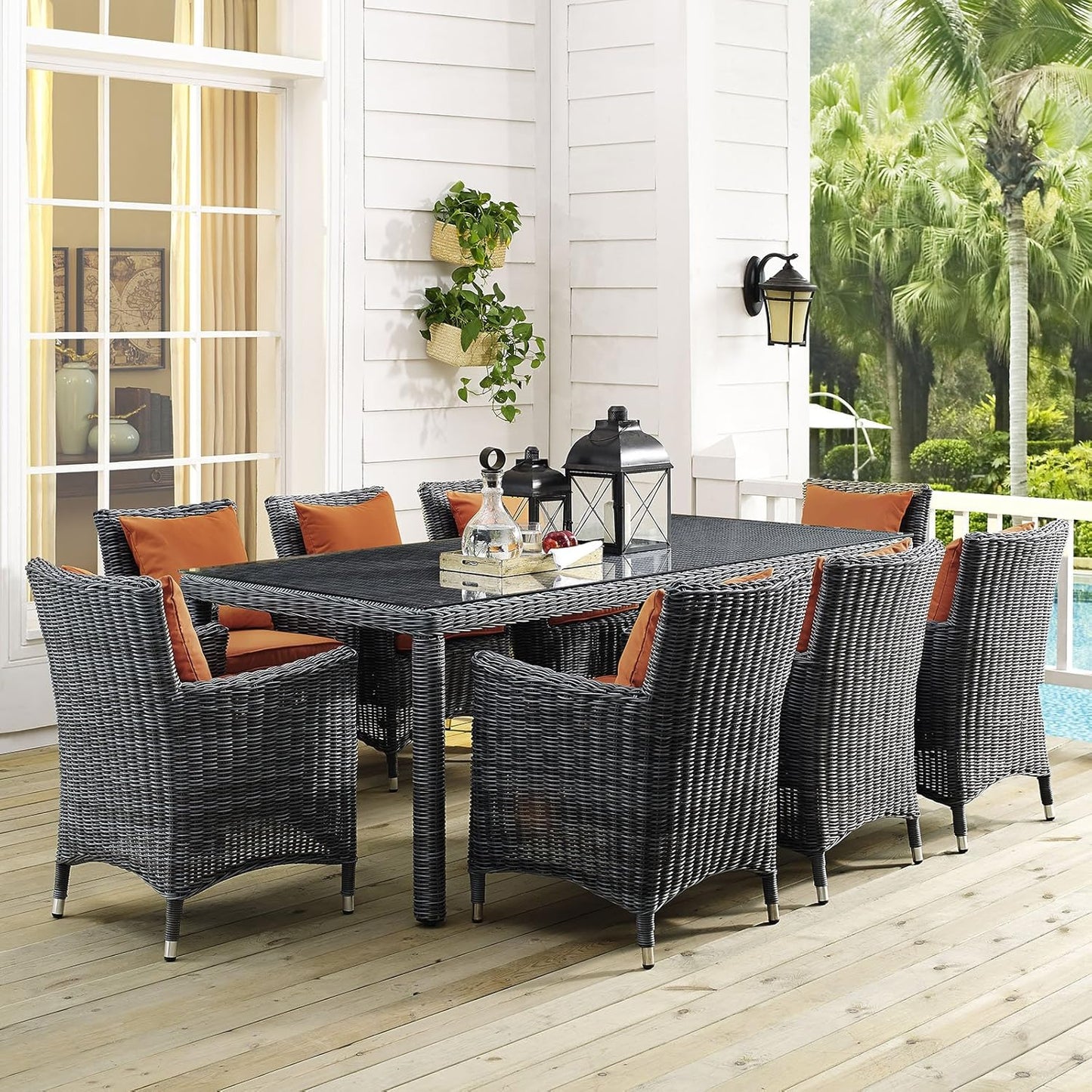 Summon Wicker Rattan Outdoor Patio 83" Rectangle Dining Table in Gray