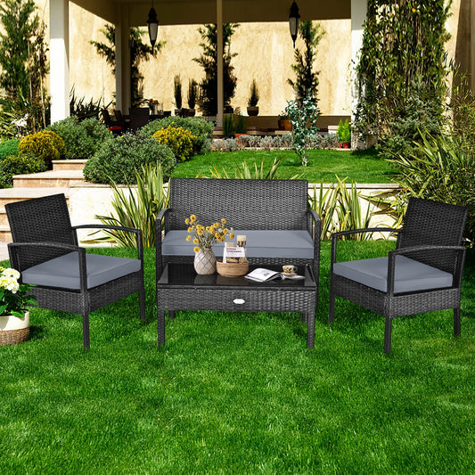 Patio Garden 4PC Rattan Wicker Furniture Set Black