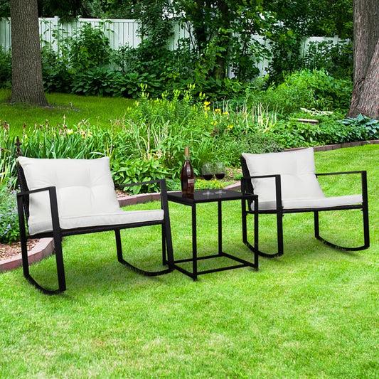3 Pieces Patio Furniture Set Rocking Wicker Bistro Sets, Modern Outdoor Rocking Chair Furniture Sets Cushioned PE Rattan Chairs Conversation Sets with Coffee Table, Outdoor Chairs for Backyard, Q16777