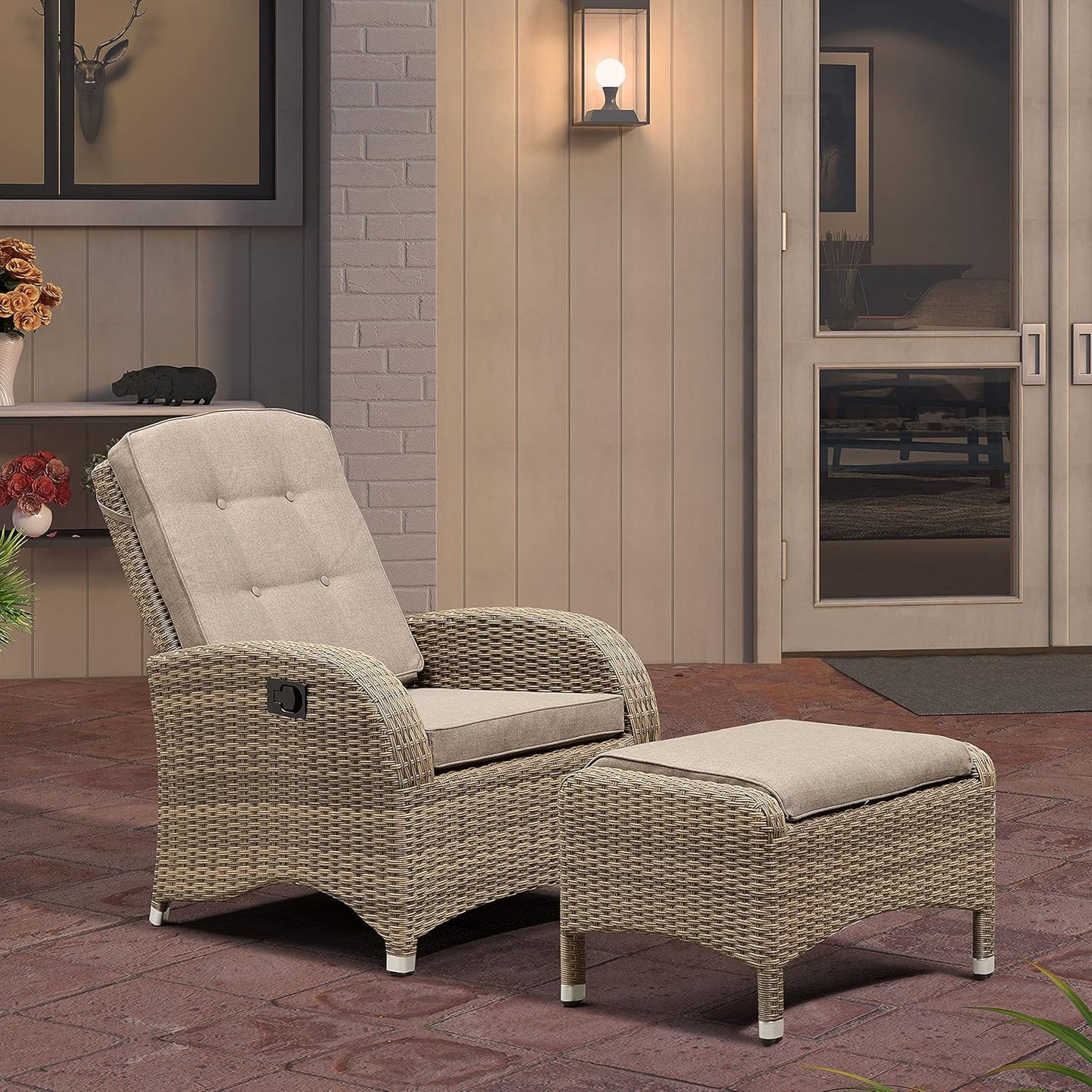 Outdoor Recliner Hand-Woven Wicker Outdoor Armchair, Reclining Patio Chair with Cushions and Ottoman Aluminum Frame Patio Sofa Chair, Patio Recliner Adjustable Patio Lounge Chair