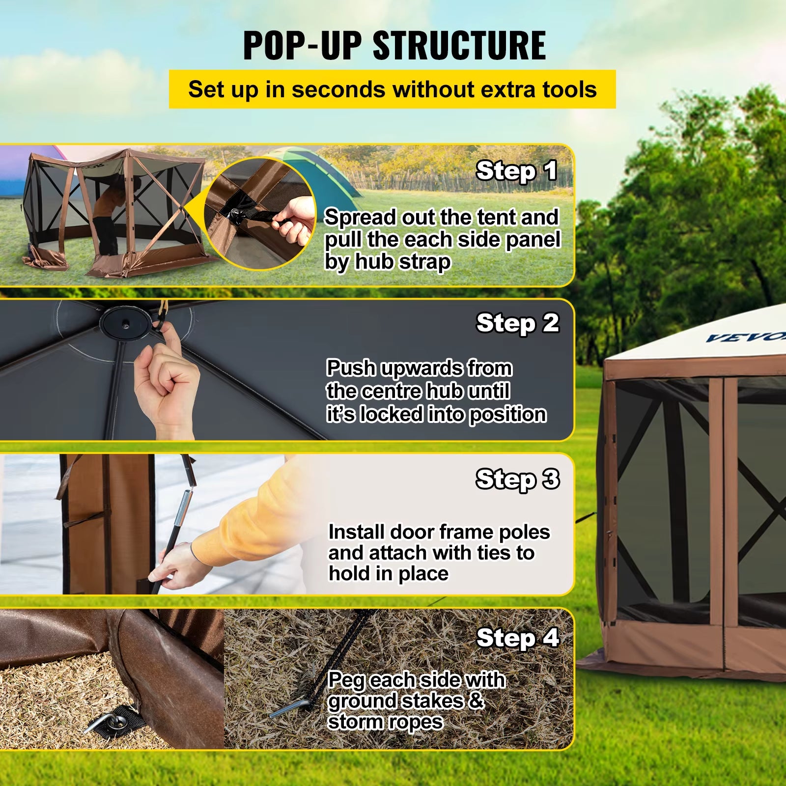Gazebo Screen Tent 6 Sided Pop-Up Camping Canopy Shelter Portable Outdoor Large Shade Tents for Lawn and Backyard Camping