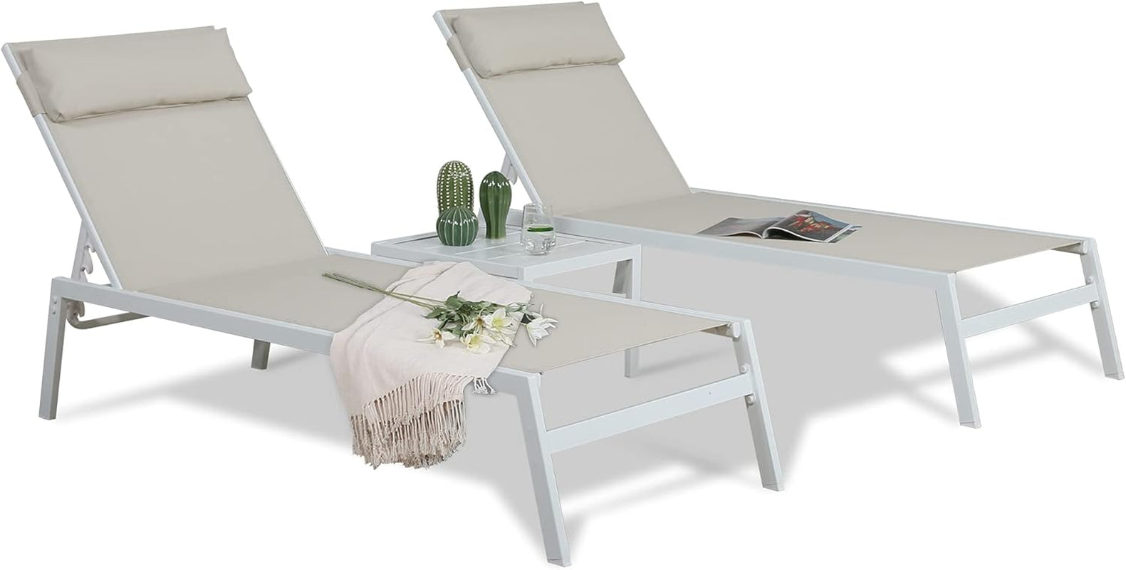 3-Piece Patio Chaise Lounges Set Outdoor Full Flat Lounge Chairs Set of 2 with Steel Table, Beige