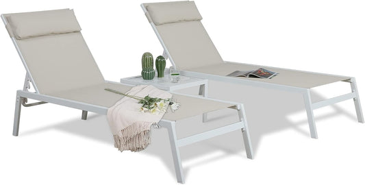 3-Piece Patio Chaise Lounges Set Outdoor Full Flat Lounge Chairs Set of 2 with Steel Table, Beige