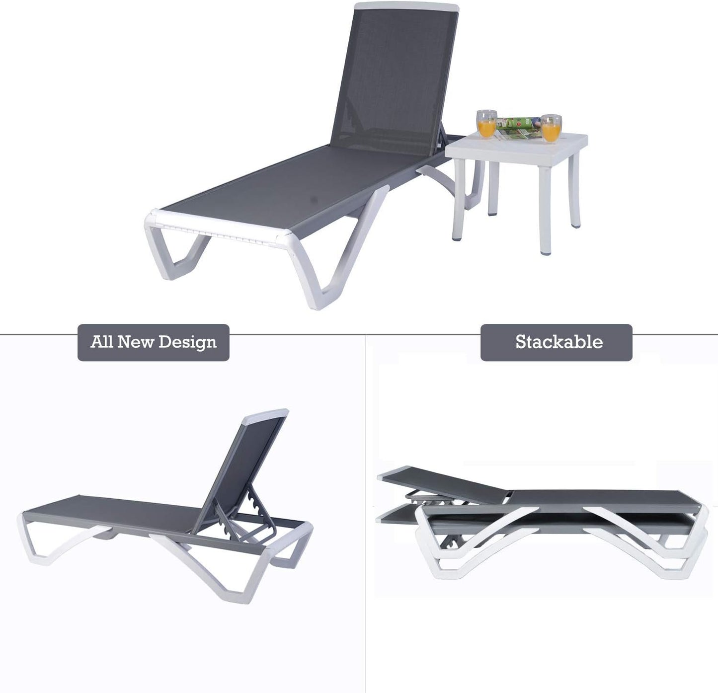 Patio Chaise Lounge Chair - Full Flat Alumium & Resin Legs, Outdoor Reclining Adjustable Chair for Sunbathing, Patio, Beach, Lounge without Table (Gray Textilene without Table)